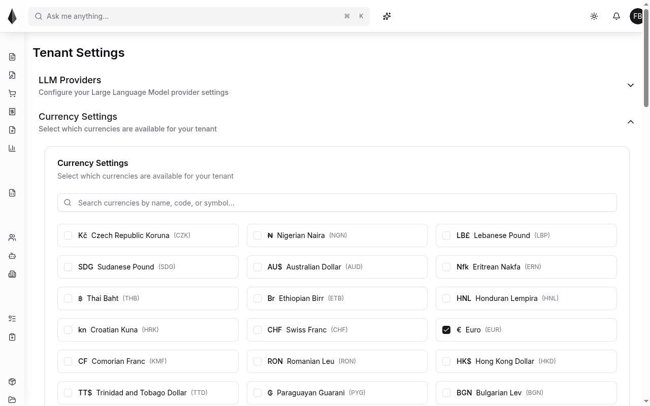 Tenant currency settings