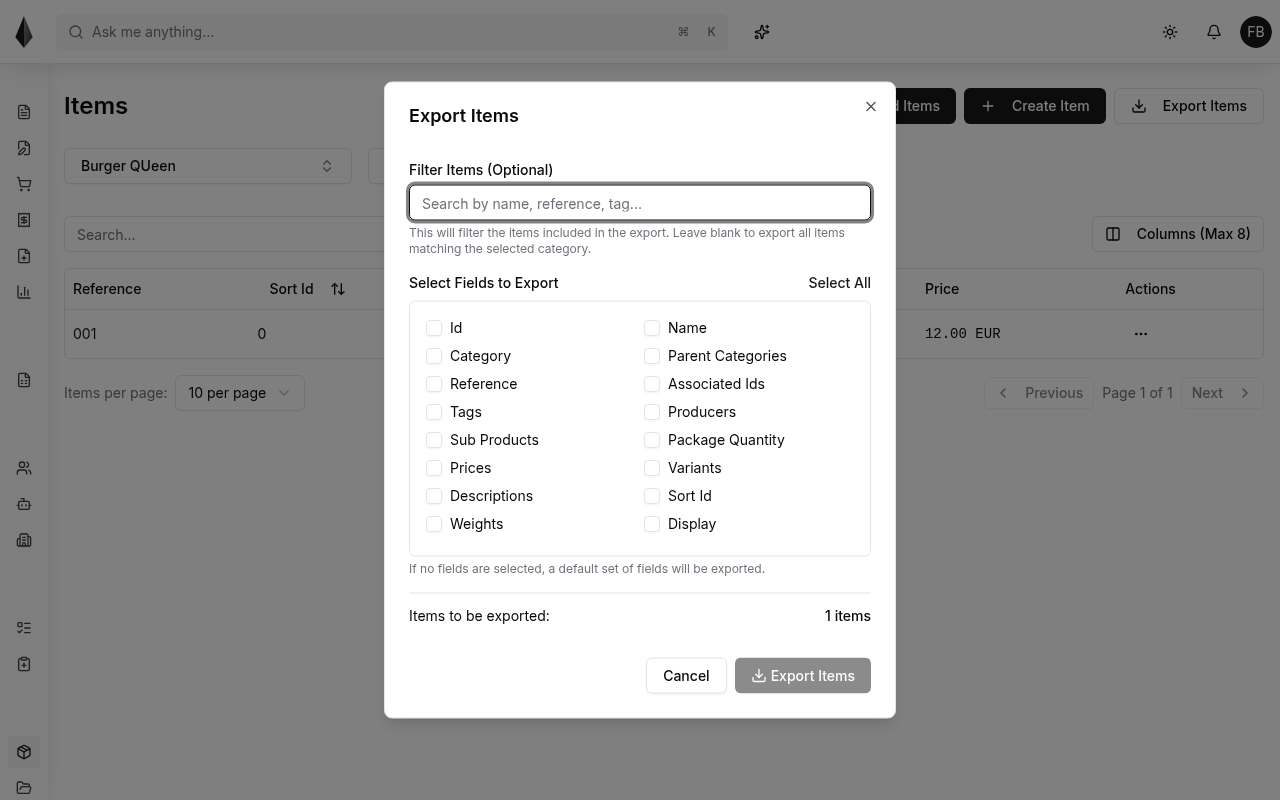Export items dialog