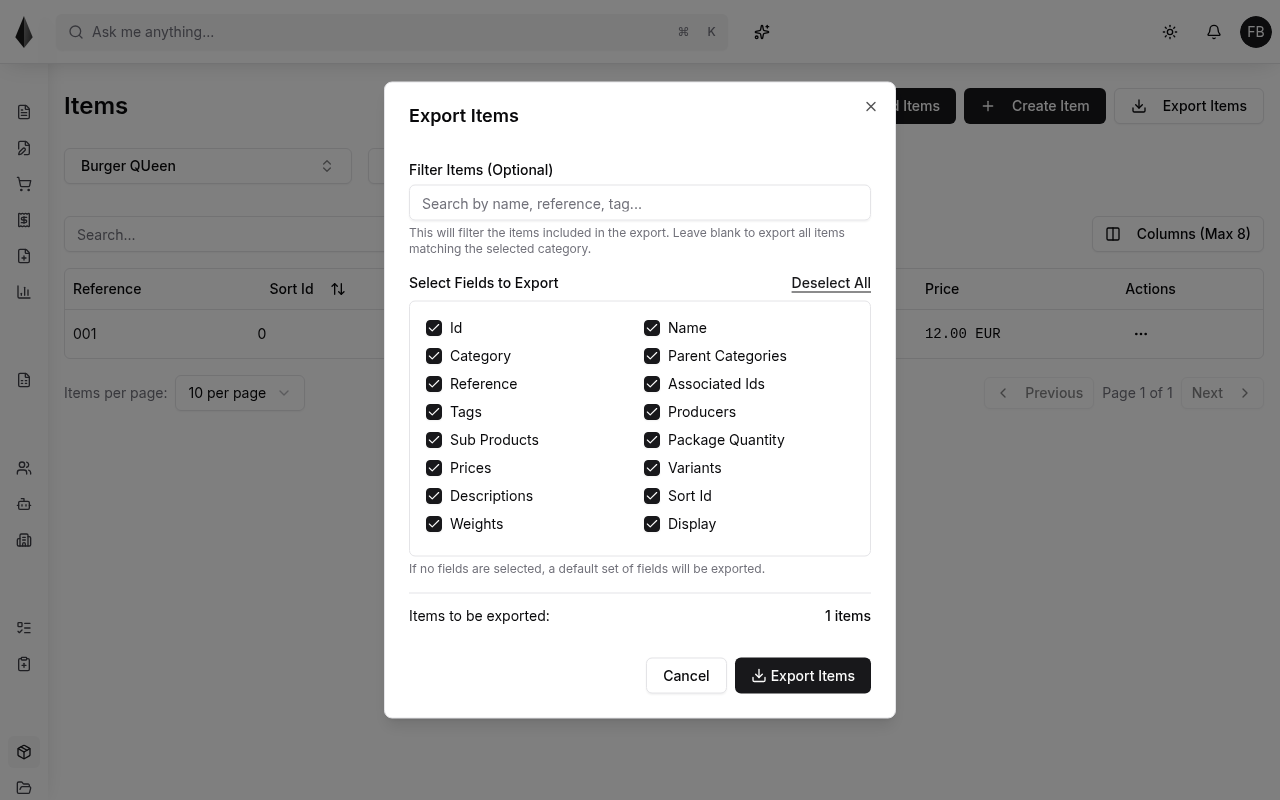 Export field selection