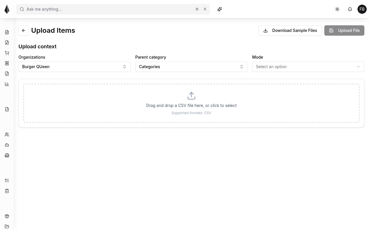 Upload items page