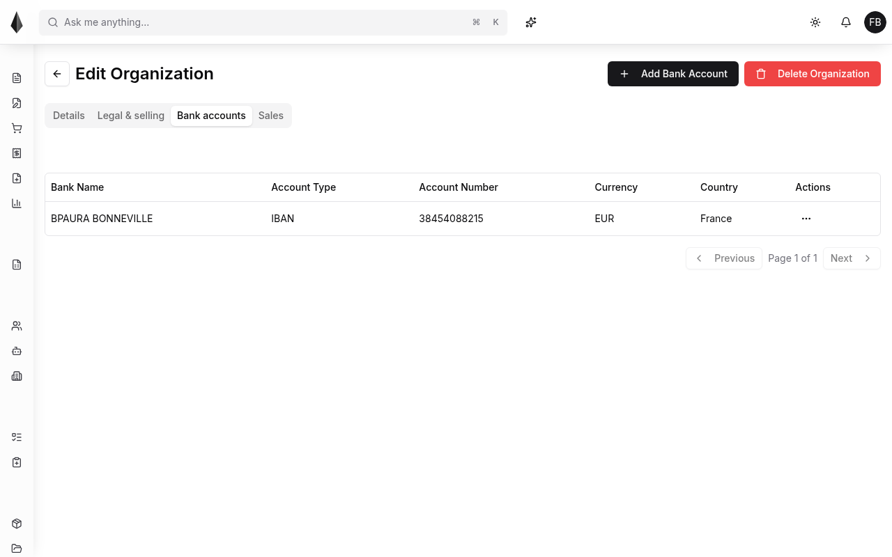 Organization bank accounts