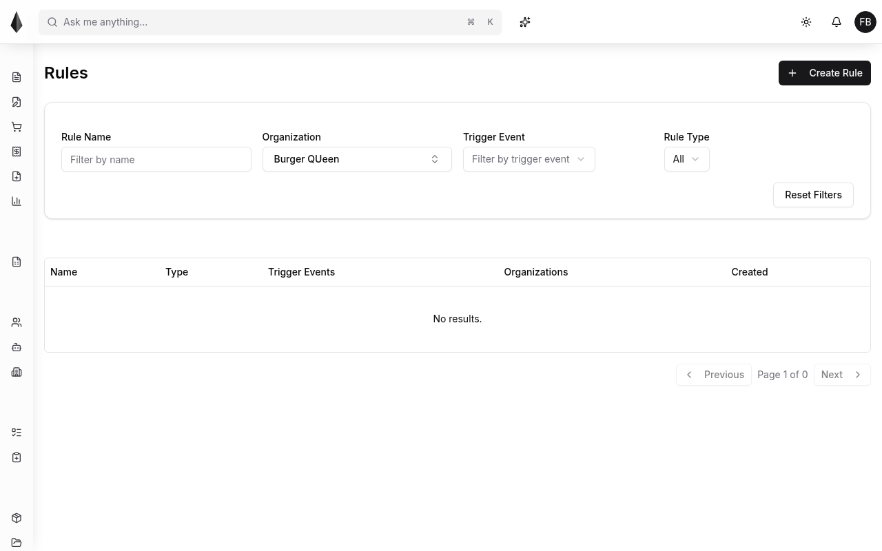 Rules list and filters